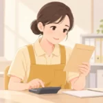 ボーナスの明細と電卓を見る介護職員