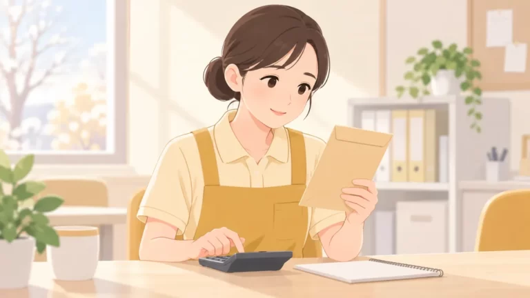 ボーナスの明細と電卓を見る介護職員