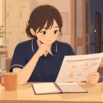 夜勤の休憩時間にシフト表を確認する介護職員
