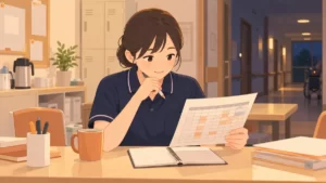 夜勤の休憩時間にシフト表を確認する介護職員