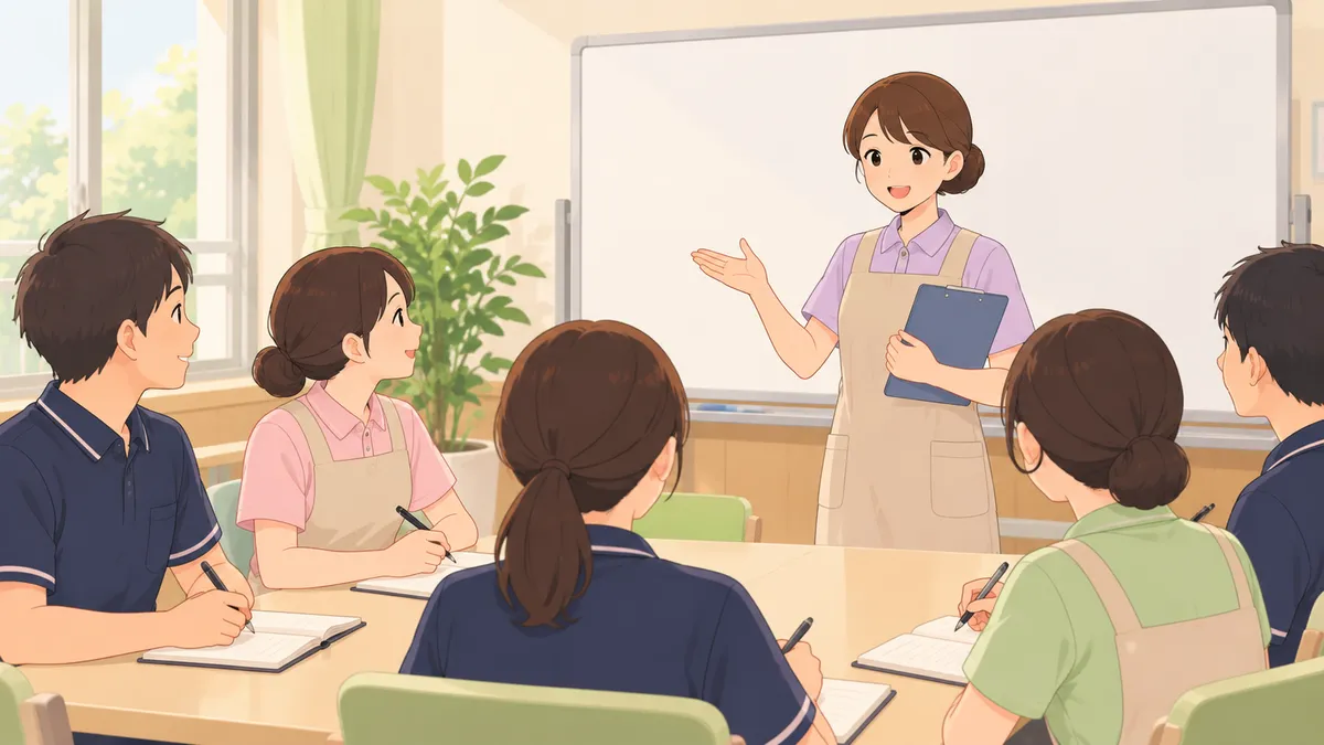 介護施設の会議室で法定研修を受ける介護職員
