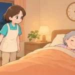 夜勤中に眠っている利用者の様子を懐中電灯で確かめる介護職員のイラスト