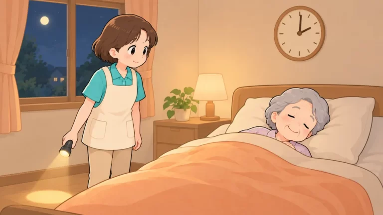夜勤中に眠っている利用者の様子を懐中電灯で確かめる介護職員のイラスト