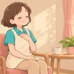 休憩中に深呼吸してストレスを和らげる介護職員のイラスト