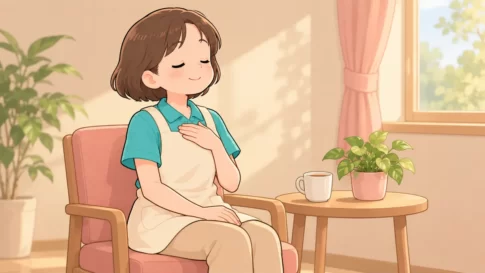 休憩中に深呼吸してストレスを和らげる介護職員のイラスト