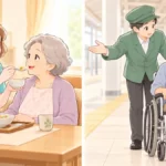 自宅での介護と駅での介助を左右に並べて違いを表したイラスト
