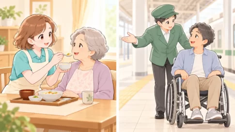 自宅での介護と駅での介助を左右に並べて違いを表したイラスト