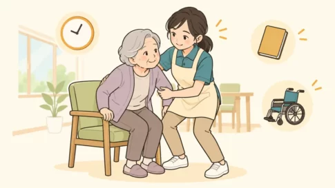介護職の仕事内容を表す、介護職員が高齢者の立ち上がりを介助するイラスト
