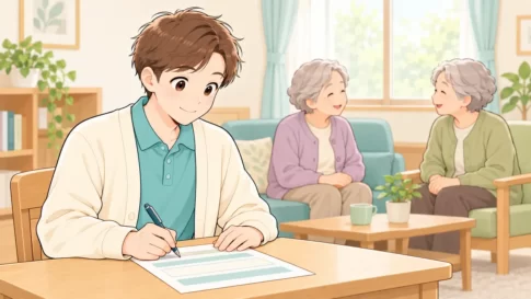 グループホームの居間でケアプランを書くケアマネジャーのイラスト