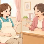 妊娠中の介護職員が上司と穏やかに相談するイラスト