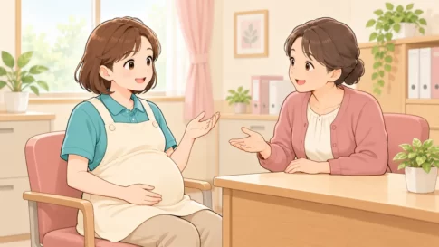 妊娠中の介護職員が上司と穏やかに相談するイラスト
