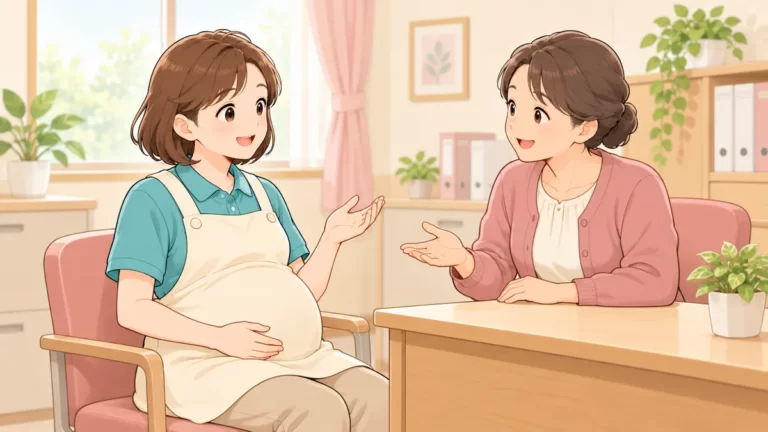 妊娠中の介護職員が上司と穏やかに相談するイラスト