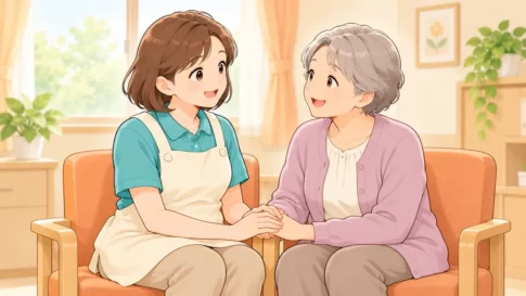 高齢者の手をとり向き合って話す介護職員のイラスト