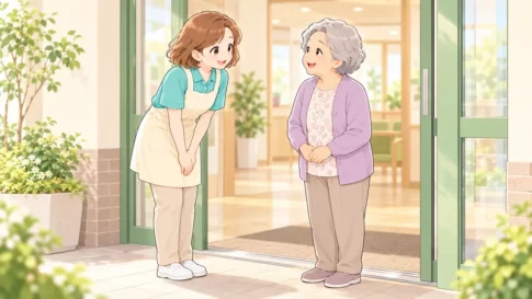 利用者に笑顔で丁寧にあいさつする介護職員のイラスト