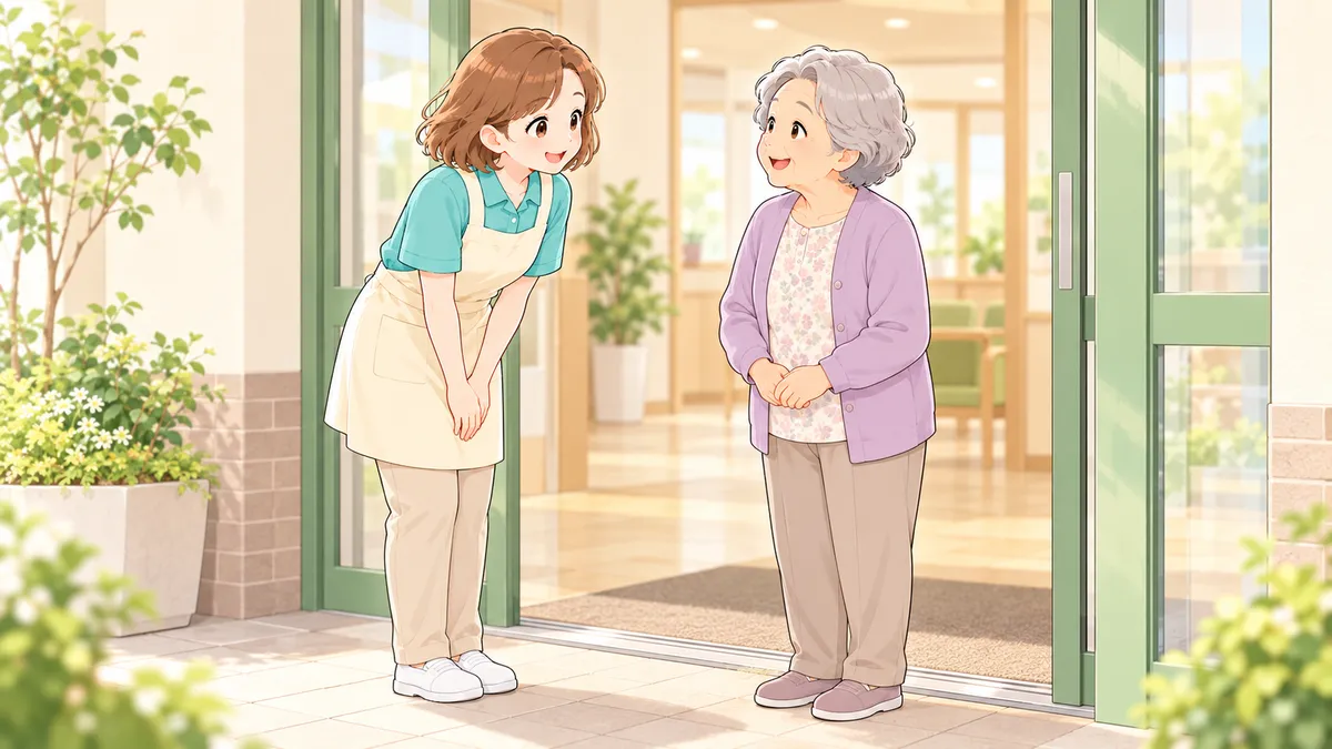 利用者に笑顔で丁寧にあいさつする介護職員のイラスト