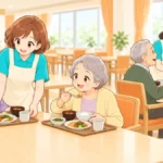 特養の食堂で利用者の昼食を手伝う介護職員のイラスト