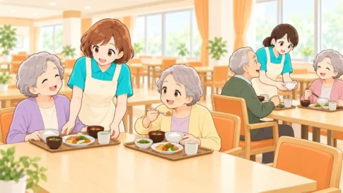 特養の食堂で利用者の昼食を手伝う介護職員のイラスト