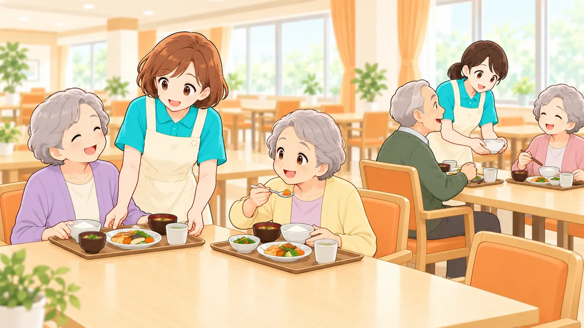 特養の食堂で利用者の昼食を手伝う介護職員のイラスト