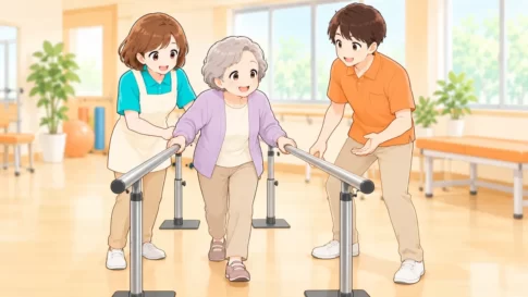 老健のリハビリ室で利用者の歩行訓練を支える職員のイラスト