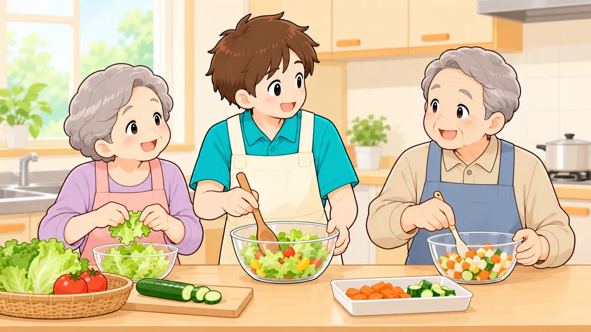 グループホームで入居者と一緒に料理をする介護職員のイラスト