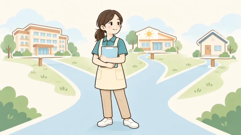 介護職の転職を考え、介護施設への分かれ道に立つ介護職員のイラスト