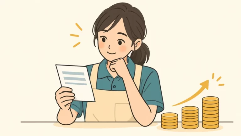 給与明細を見ながら介護福祉士の給料を考える介護職員と積み上がる硬貨のイラスト