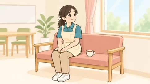 介護職を辞めたいと感じ、休憩中に窓辺で一息つく介護職員のイラスト