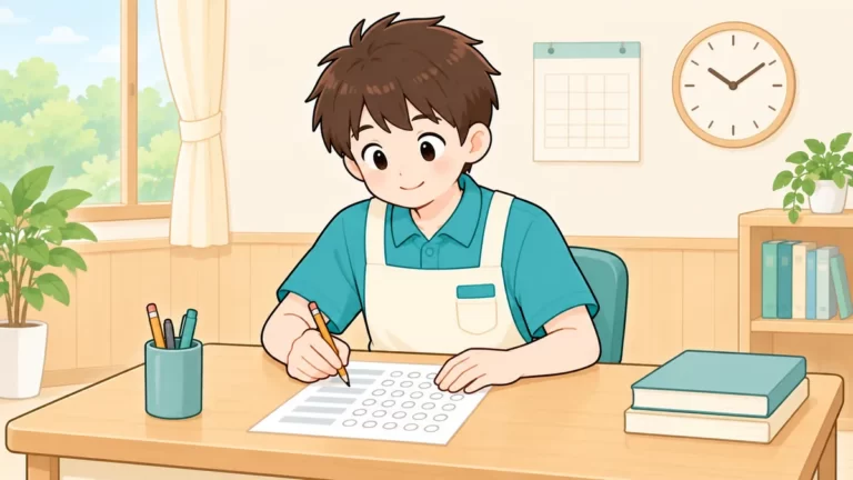 介護福祉士の試験に机で取り組む介護職員のイラスト