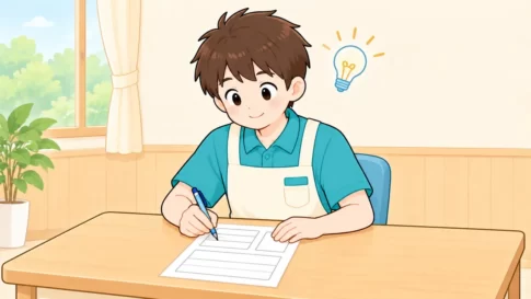 履歴書の志望動機欄を考えながら書く介護職員のイラスト