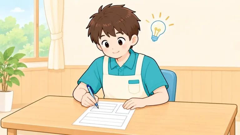履歴書の志望動機欄を考えながら書く介護職員のイラスト