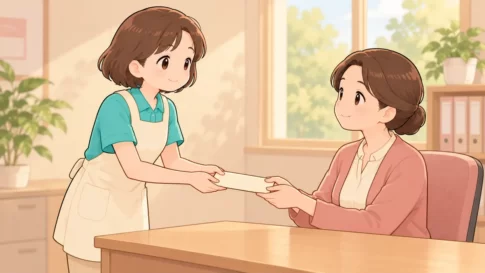 上司に退職の意思を伝えて封筒を手渡す介護職員のイラスト