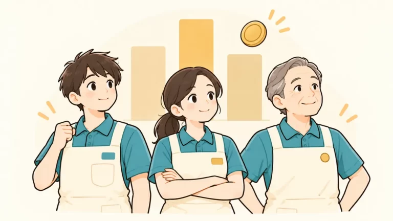 介護職の給料を資格別に比べる棒グラフと3人の介護職員のイラスト