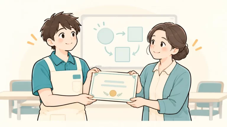 介護職員初任者研修の修了証を受け取る介護職員のイラスト