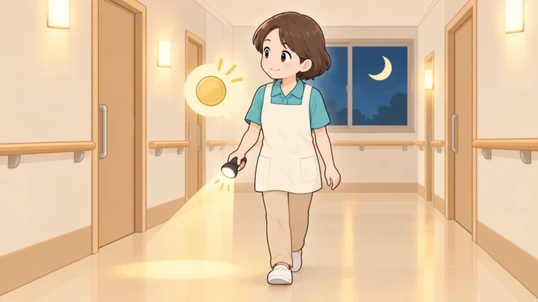夜勤中に懐中電灯を持って廊下を見回る介護職員と夜勤手当を表す硬貨のイラスト
