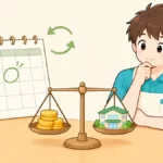 介護報酬改定を表すカレンダーと天秤、それを見る介護職員のイラスト