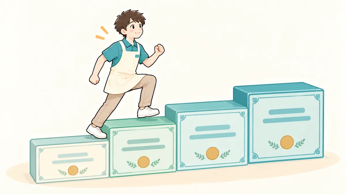 介護の資格を段階的に取得していく階段を上る介護職員のイラスト