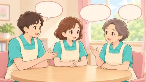 休憩室で和やかに話す3人の介護職員のイラスト