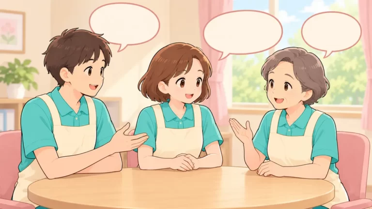 休憩室で和やかに話す3人の介護職員のイラスト