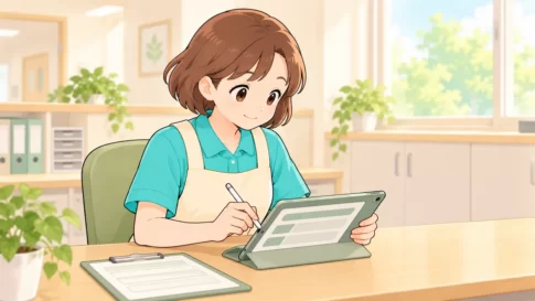 タブレットで介護記録を書く介護職員のイラスト