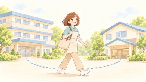 2つの介護施設を行き来する派遣の介護職員のイラスト