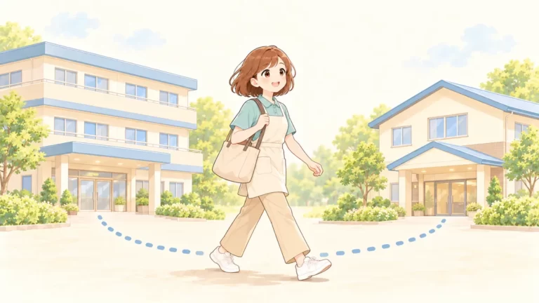 2つの介護施設を行き来する派遣の介護職員のイラスト