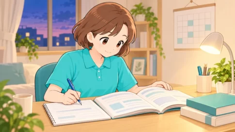 ケアマネ試験に向けて自宅で勉強する介護職員のイラスト