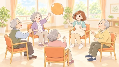 利用者と輪になって風船バレーを楽しむ介護レクリエーションのイラスト