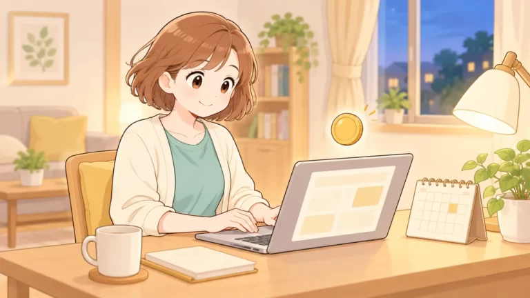 仕事のあと自宅でノートパソコンに向かう介護職員のイラスト