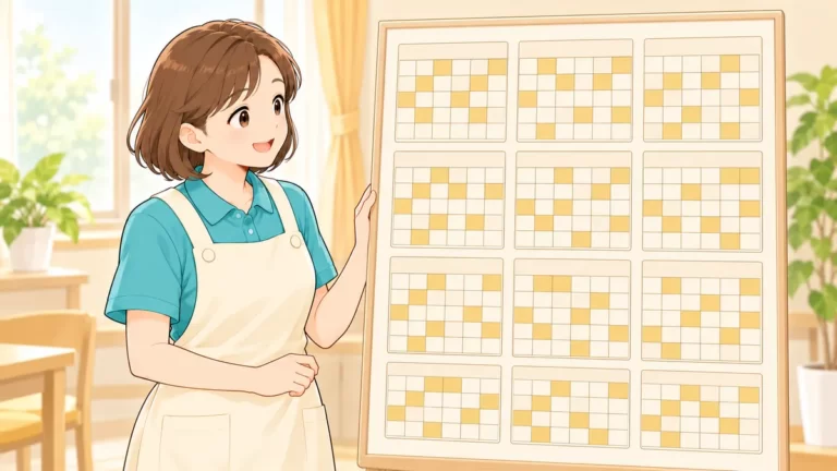 休日に印を付けた年間カレンダーを見る介護職員のイラスト