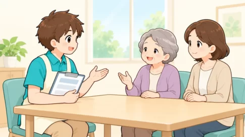 生活相談員が利用者と家族の相談に応じるイラスト