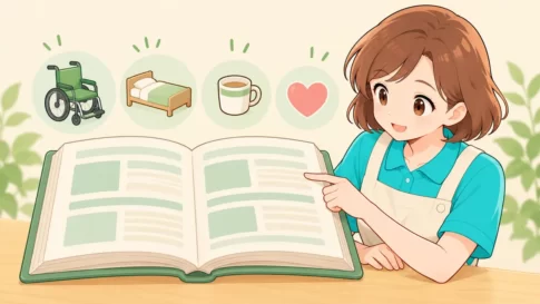 介護用語の辞典と介護用品のアイコン、それを指し示す介護職員のイラスト