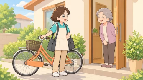 自転車で利用者宅を訪問する訪問介護員のイラスト