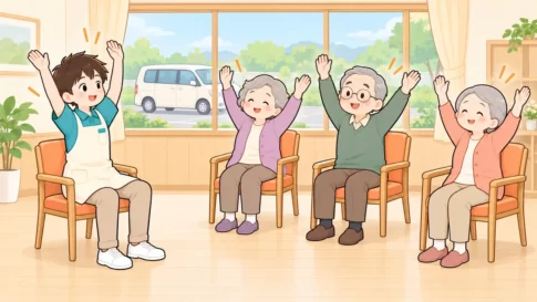 デイサービスで介護職員が利用者と椅子体操をするイラスト
