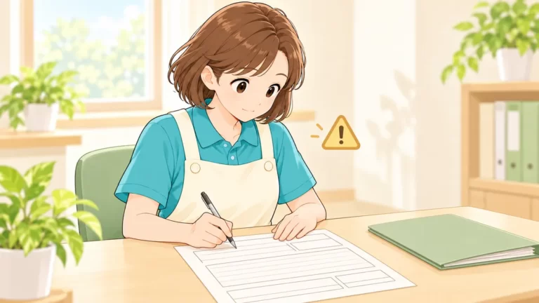 注意マークのそばで事故報告書を書く介護職員のイラスト